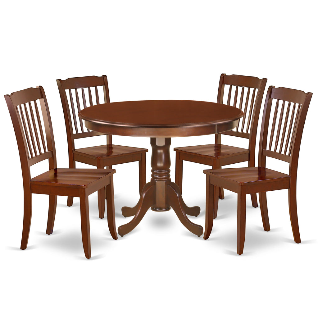 East West Furniture HLDA5-MAH-W 5 Piece Dining Room Table Set Includes a Round Dining Table with Pedestal and 4 Wood Seat Chairs, 42x42 Inch, Mahogany