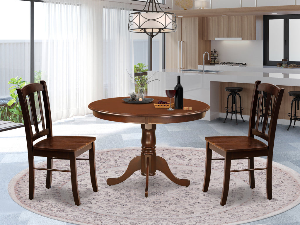East West Furniture HLDL3-MAH-W 3 Piece Kitchen Table Set for Small Spaces Contains a Round Dining Room Table with Pedestal and 2 Solid Wood Seat Chairs, 42x42 Inch, Mahogany