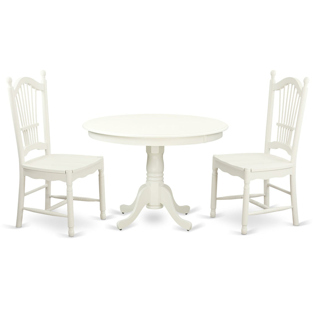 East West Furniture HLDO3-LWH-W 3 Piece Kitchen Table Set for Small Spaces Contains a Round Dining Room Table with Pedestal and 2 Dining Chairs, 42x42 Inch, Linen White