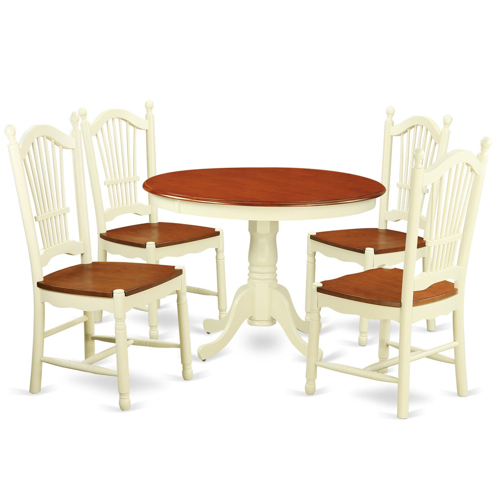 East West Furniture HLDO5-BMK-W 5 Piece Dining Table Set for 4 Includes a Round Kitchen Table with Pedestal and 4 Kitchen Dining Chairs, 42x42 Inch, Buttermilk & Cherry
