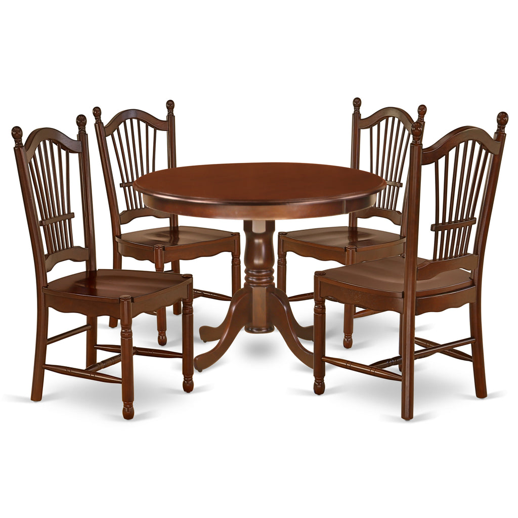 East West Furniture HLDO5-MAH-W 5 Piece Kitchen Table & Chairs Set Includes a Round Dining Table with Pedestal and 4 Dining Room Chairs, 42x42 Inch, Mahogany