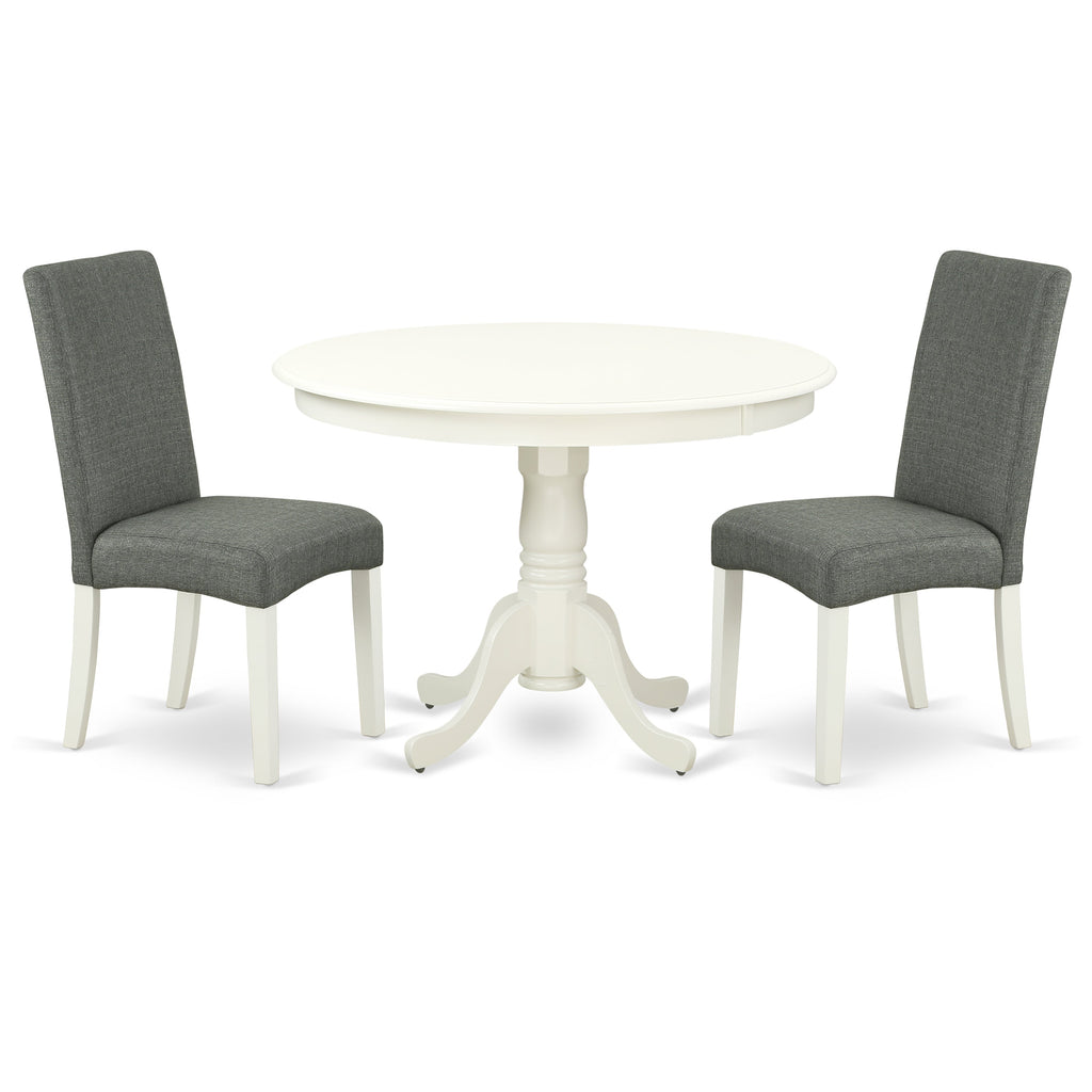 East West Furniture HLDR3-LWH-07 3 Piece Modern Dining Table Set Contains a Round Wooden Table with Pedestal and 2 Gray Linen Fabric Parsons Dining Chairs, 42x42 Inch, Linen White