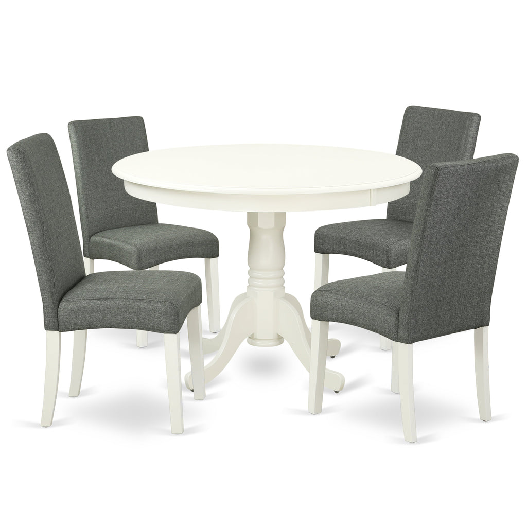 East West Furniture HLDR5-LWH-07 5 Piece Dinette Set for 4 Includes a Round Dining Room Table with Pedestal and 4 Gray Linen Fabric Parsons Dining Chairs, 42x42 Inch, Linen White