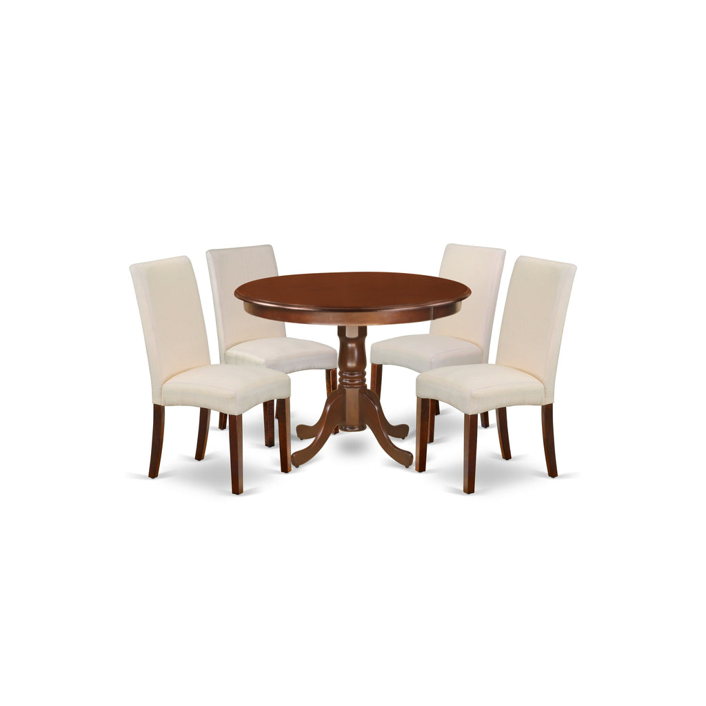 East West Furniture HLDR5-MAH-01 5 Piece Dining Set Includes a Round Dining Room Table with Pedestal and 4 Cream Linen Fabric Upholstered Parson Chairs, 42x42 Inch, Mahogany