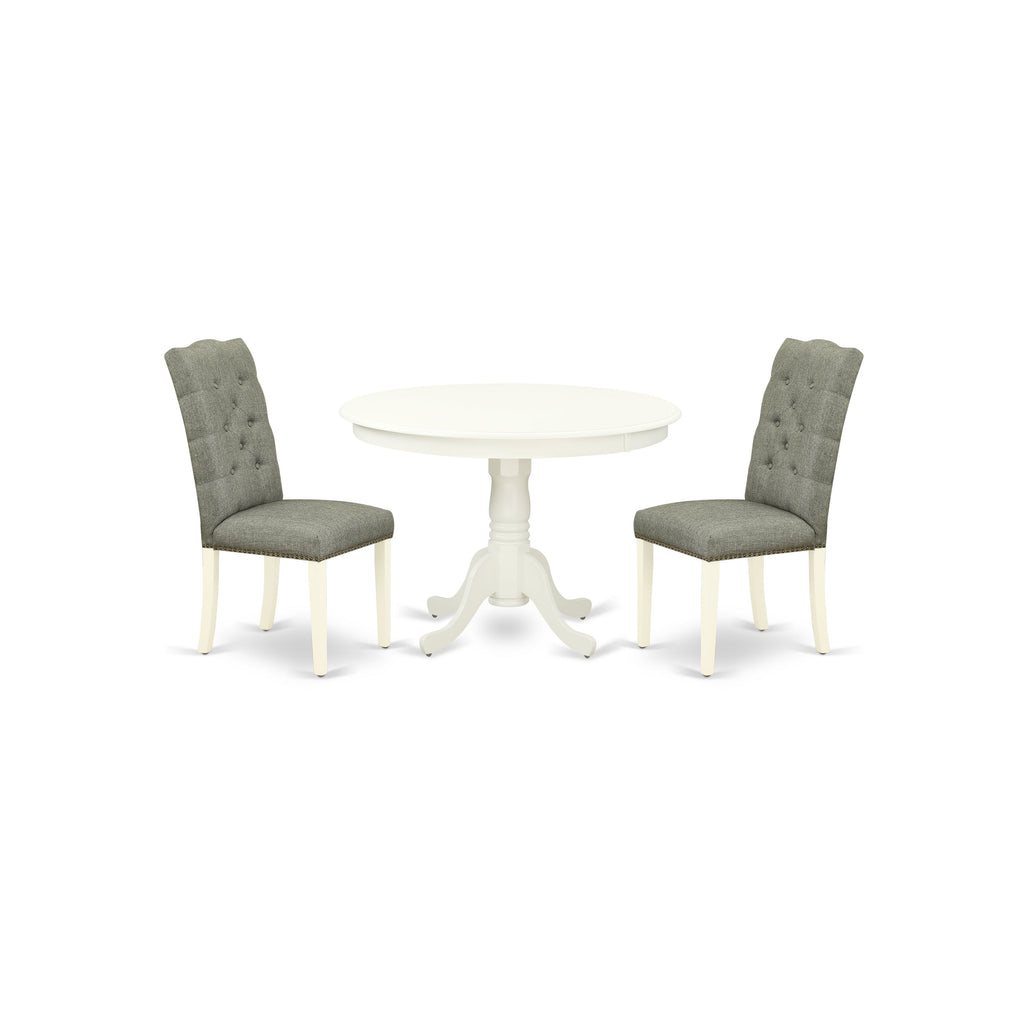 East West Furniture HLEL3-LWH-07 3 Piece Kitchen Table & Chairs Set Contains a Round Dining Room Table with Pedestal and 2 Gray Linen Fabric Parsons Dining Chairs, 42x42 Inch, Linen White