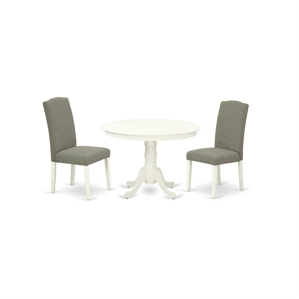 East West Furniture HLEN3-LWH-06 3 Piece Dining Set for Small Spaces Contains a Round Dining Room Table with Pedestal and 2 Dark Shitake Linen Fabric Parson Chairs, 42x42 Inch, Linen White
