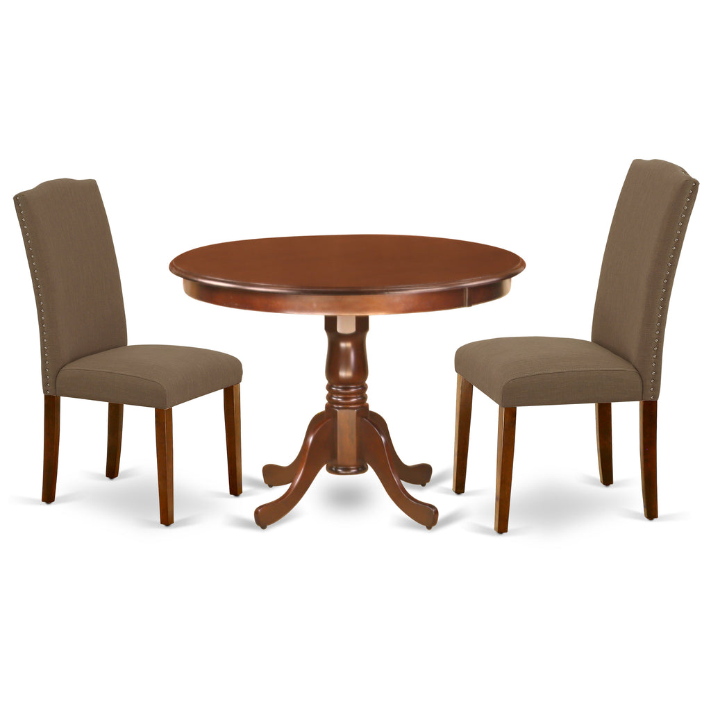 East West Furniture HLEN3-MAH-18 3 Piece Dinette Set for Small Spaces Contains a Round Dining Table with Pedestal and 2 Dark Coffee Linen Fabric Parsons Chairs, 42x42 Inch, Mahogany