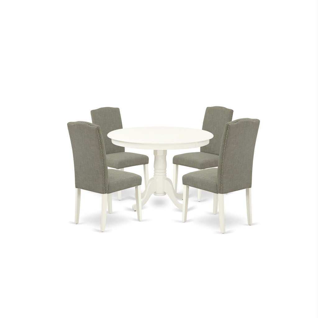 East West Furniture HLEN5-LWH-06 5 Piece Dining Table Set Includes a Round Kitchen Table with Pedestal and 4 Dark Shitake Linen Fabric Upholstered Chairs, 42x42 Inch, Linen White