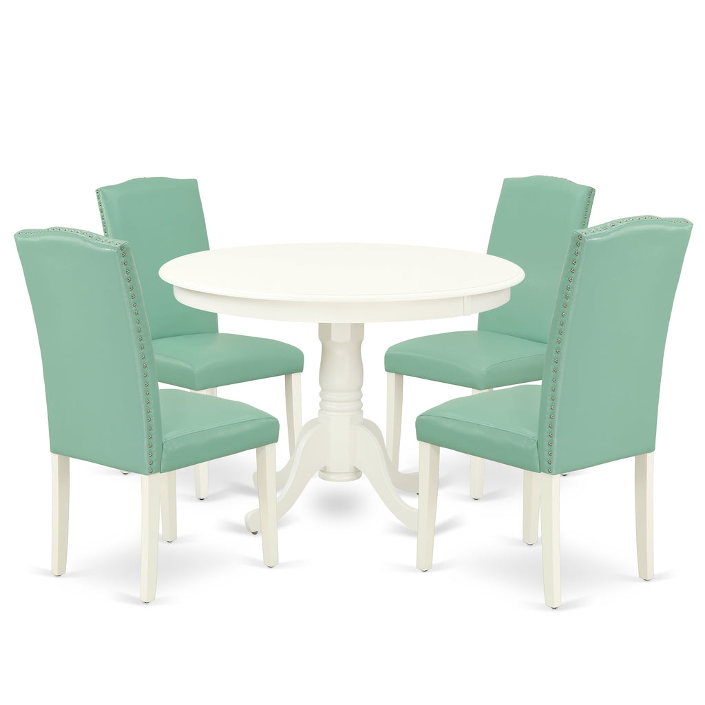 East West Furniture HLEN5-LWH-57 5 Piece Kitchen Table Set for 4 Includes a Round Dining Room Table with Pedestal and 4 Pond Faux Leather Upholstered Parson Chairs, 42x42 Inch, Linen White