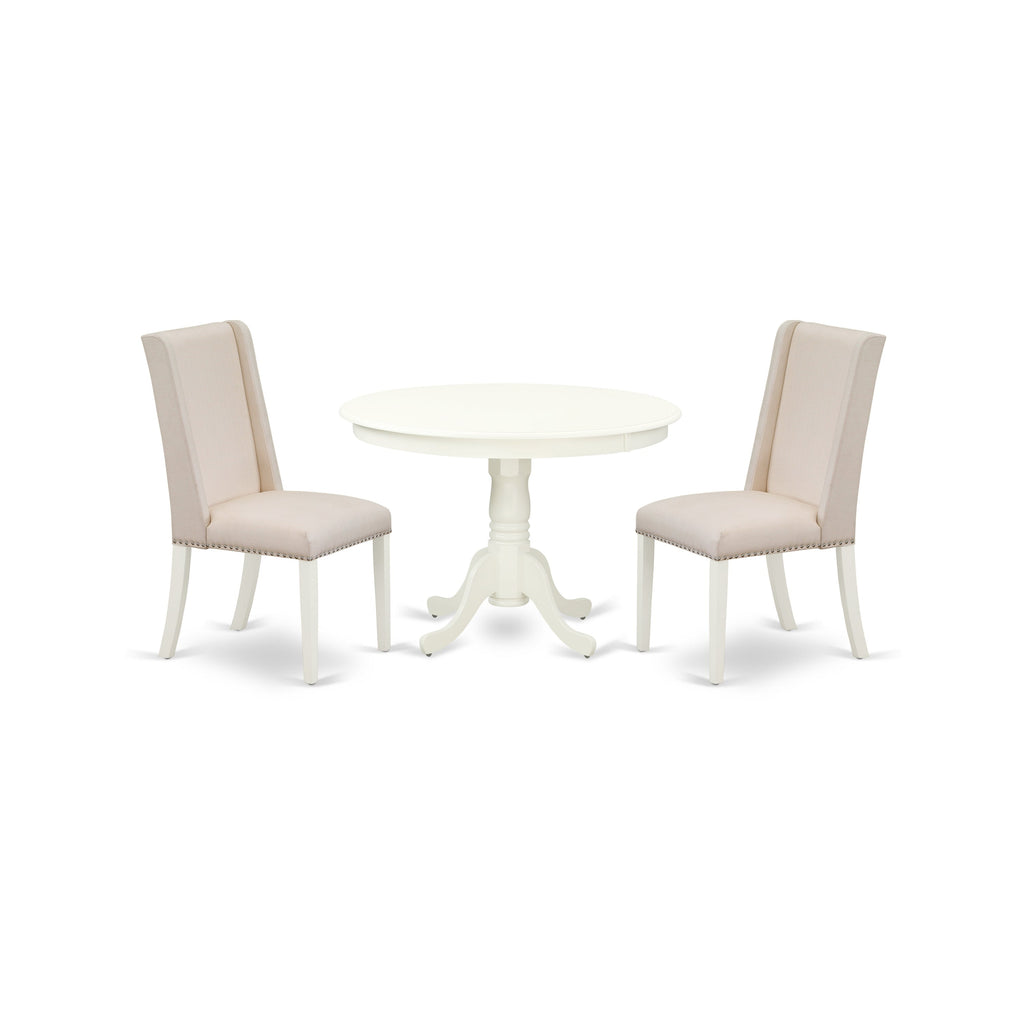 East West Furniture HLFL3-LWH-01 3 Piece Dining Room Table Set Contains a Round Kitchen Table with Pedestal and 2 Cream Linen Fabric Parson Dining Chairs, 42x42 Inch, Linen White