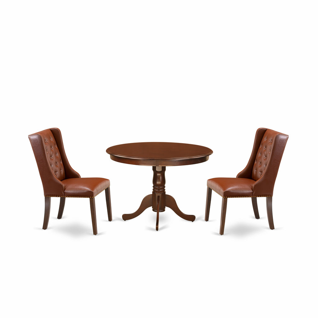 East West Furniture HLFO3-MAH-46 3 Piece Dining Room Furniture Set Contains a Round Dining Table with Pedestal and 2 Brown Faux Faux Leather Upholstered Chairs, 42x42 Inch, Mahogany
