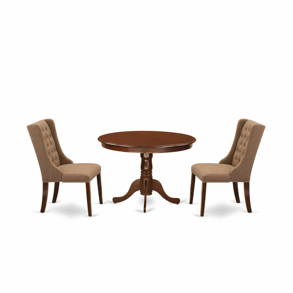 East West Furniture HLFO3-MAH-47 3 Piece Dining Room Furniture Set Contains a Round Dining Table with Pedestal and 2 Light Sable Linen Fabric Parsons Chairs, 42x42 Inch, Mahogany