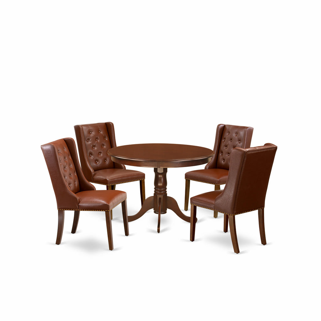 East West Furniture HLFO5-MAH-46 5 Piece Kitchen Table Set for 4 Includes a Round Dining Table with Pedestal and 4 Brown Faux Faux Leather Parson Dining Chairs, 42x42 Inch, Mahogany