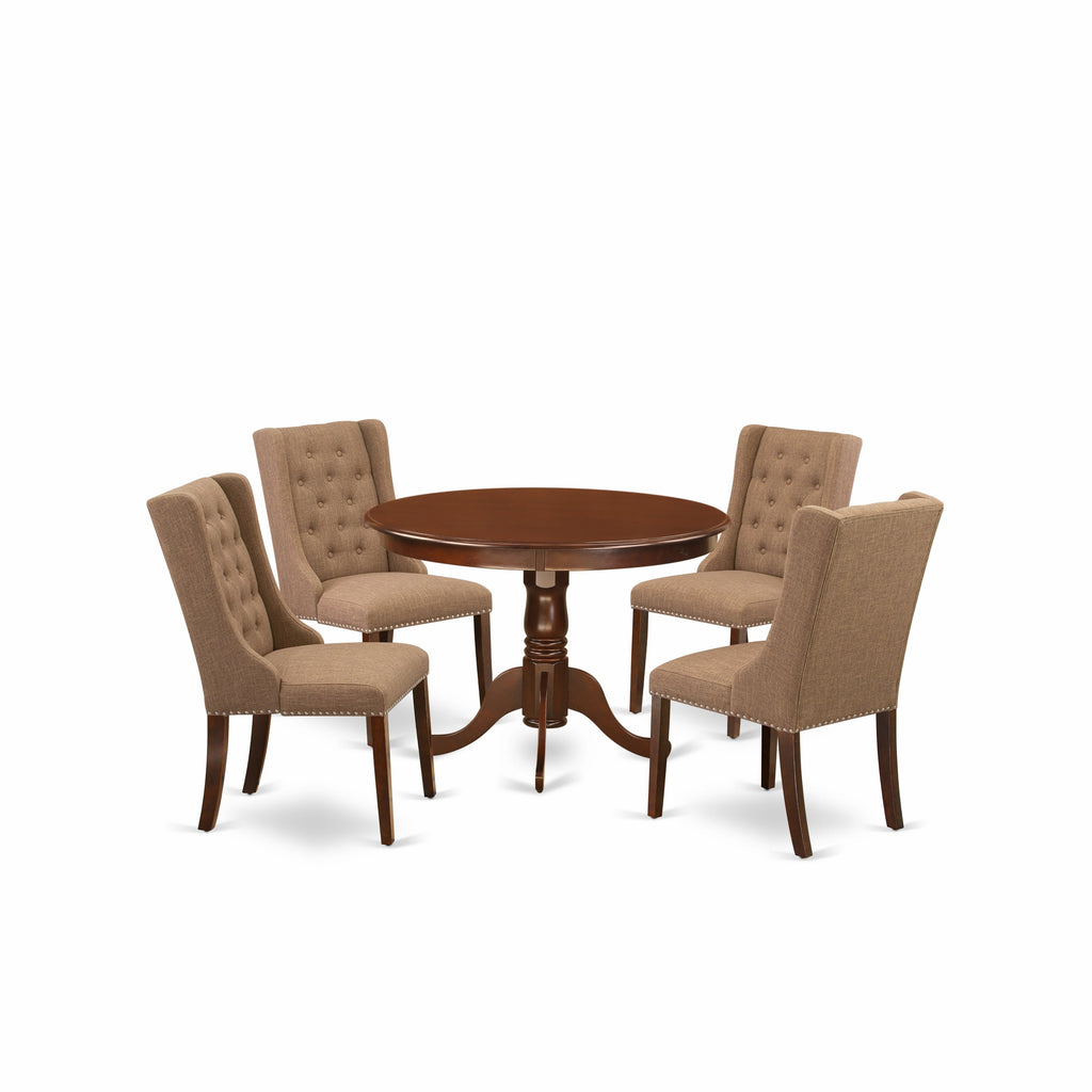 East West Furniture HLFO5-MAH-47 5 Piece Kitchen Table & Chairs Set Includes a Round Dining Room Table with Pedestal and 4 Light Sable Linen Fabric Parsons Chairs, 42x42 Inch, Mahogany