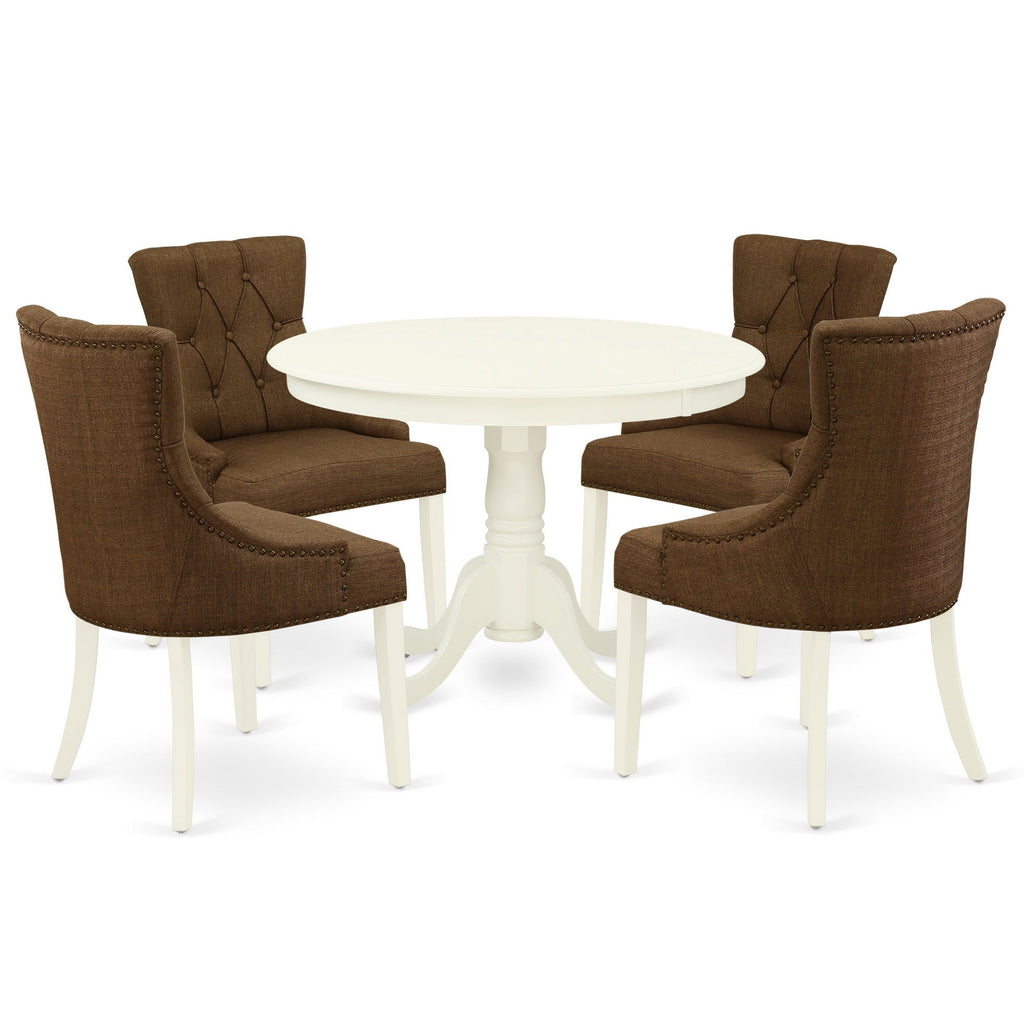 East West Furniture HLFR5-LWH-18 5 Piece Dinette Set Includes a Round Dining Room Table with Pedestal and 4 Brown Linen Linen Fabric Upholstered Parson Chairs, 42x42 Inch, Linen White