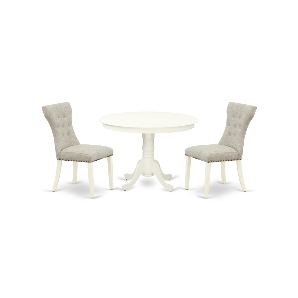 East West Furniture HLGA3-LWH-35 3 Piece Dining Room Table Set Contains a Round Kitchen Table with Pedestal and 2 Doeskin Linen Fabric Parsons Dining Chairs, 42x42 Inch, Linen White