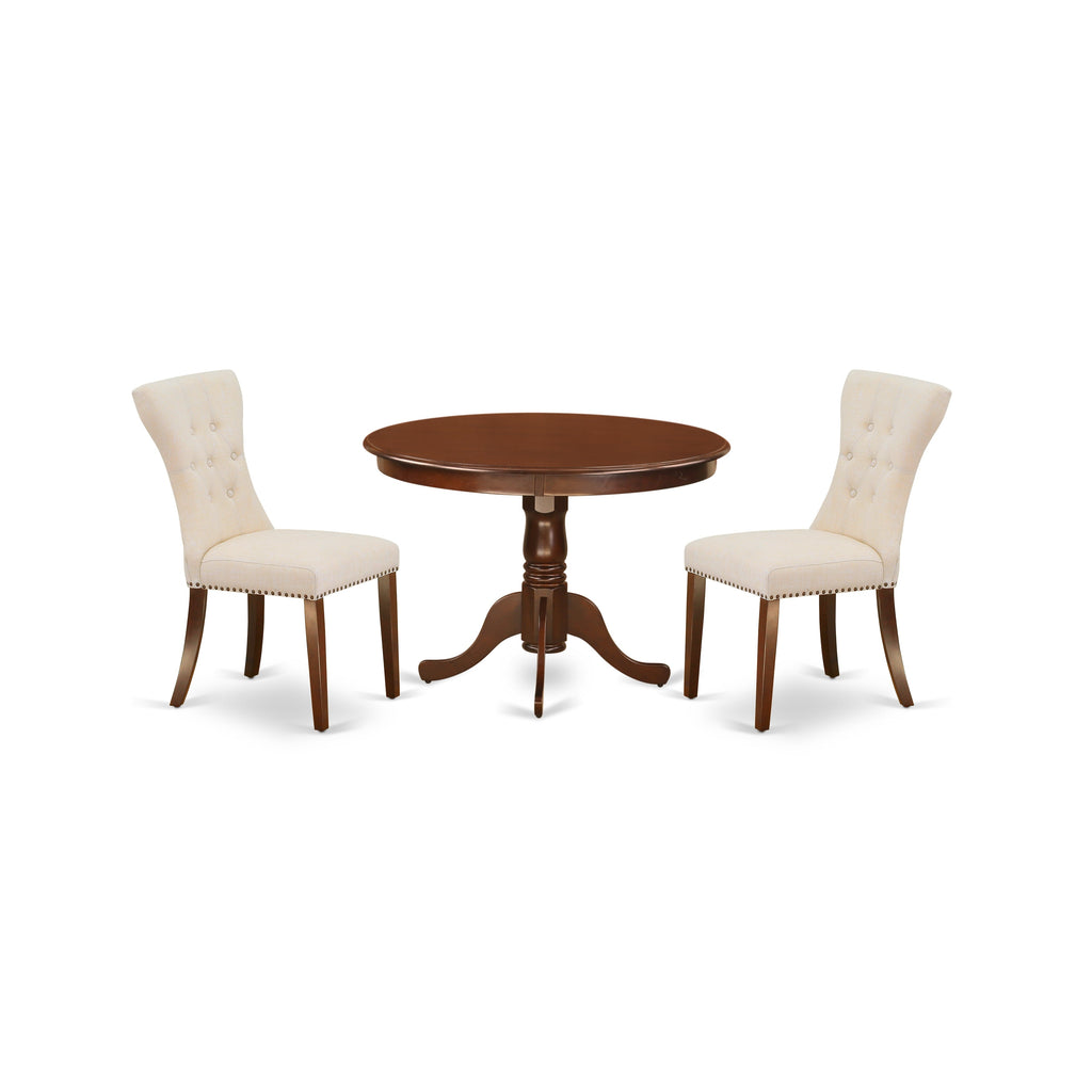 East West Furniture HLGA3-MAH-32 3 Piece Dining Room Table Set Contains a Round Dining Table with Pedestal and 2 Light Beige Linen Fabric Upholstered Chairs, 42x42 Inch, Mahogany