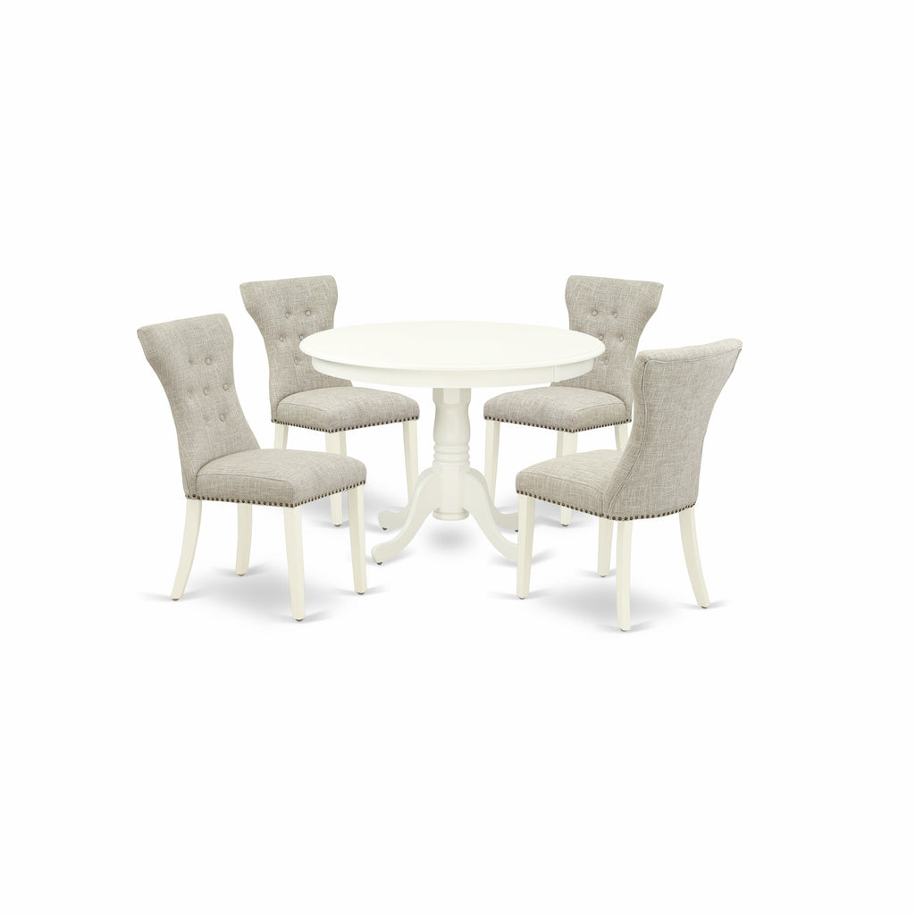 East West Furniture HLGA5-LWH-35 5 Piece Dining Table Set Includes a Round Dining Room Table with Pedestal and 4 Doeskin Linen Fabric Parsons Chairs, 42x42 Inch, Linen White