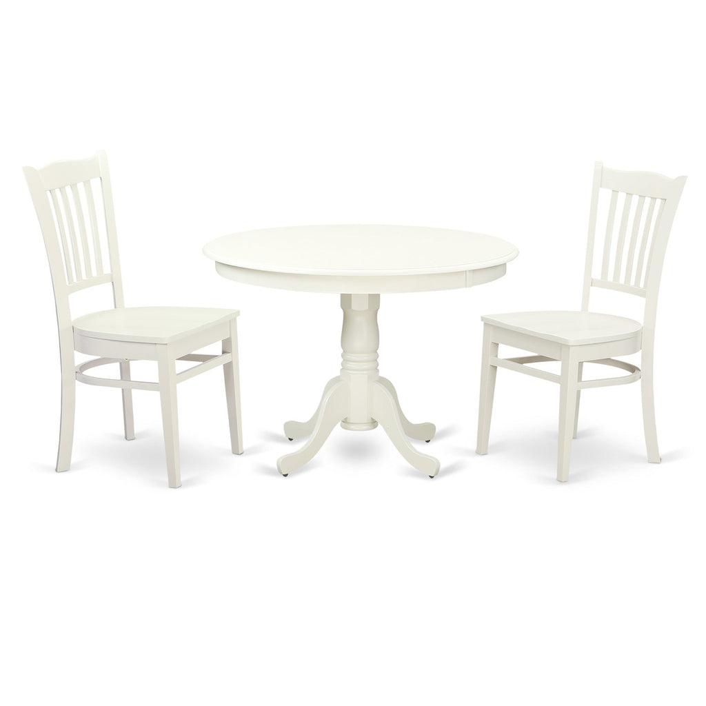 East West Furniture HLGR3-LWH-W 3 Piece Kitchen Table Set for Small Spaces Contains a Round Dining Room Table with Pedestal and 2 Dining Chairs, 42x42 Inch, Linen White