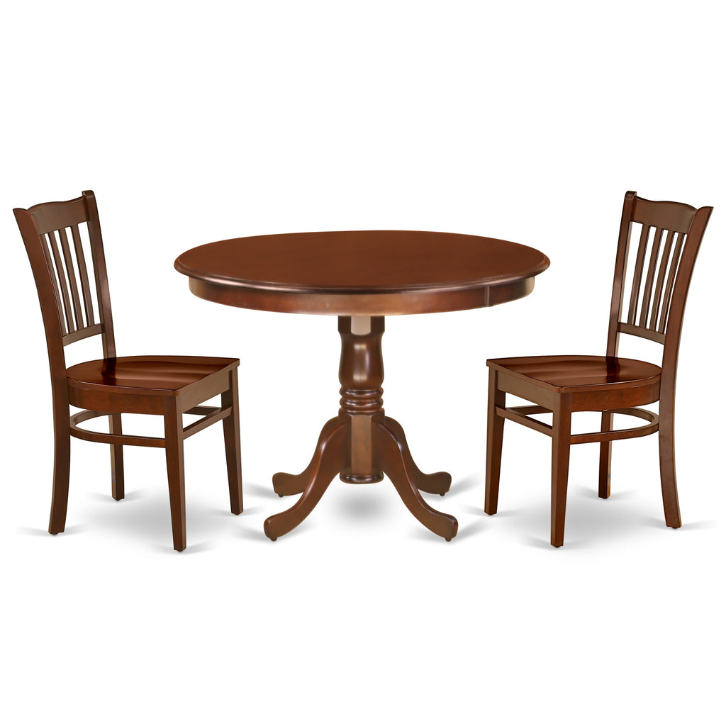 East West Furniture HLGR3-MAH-W 3 Piece Modern Dining Table Set Contains a Round Wooden Table with Pedestal and 2 Kitchen Dining Chairs, 42x42 Inch, Mahogany