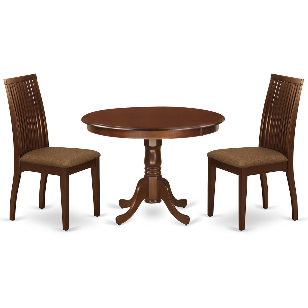 East West Furniture HLIP3-MAH-C 3 Piece Dining Room Furniture Set Contains a Round Dining Table with Pedestal and 2 Linen Fabric Upholstered Chairs, 42x42 Inch, Mahogany