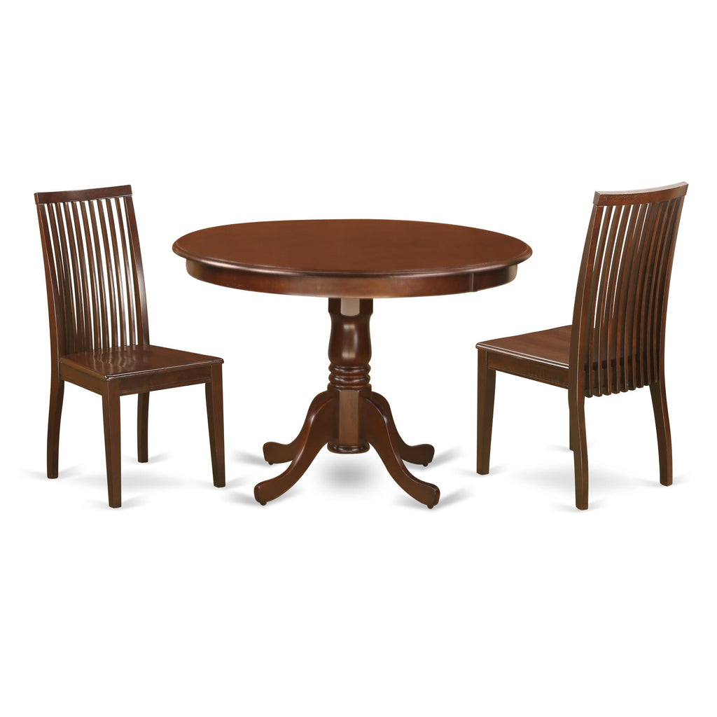 East West Furniture HLIP3-MAH-W 3 Piece Modern Dining Table Set Contains a Round Wooden Table with Pedestal and 2 Dining Chairs, 42x42 Inch, Mahogany