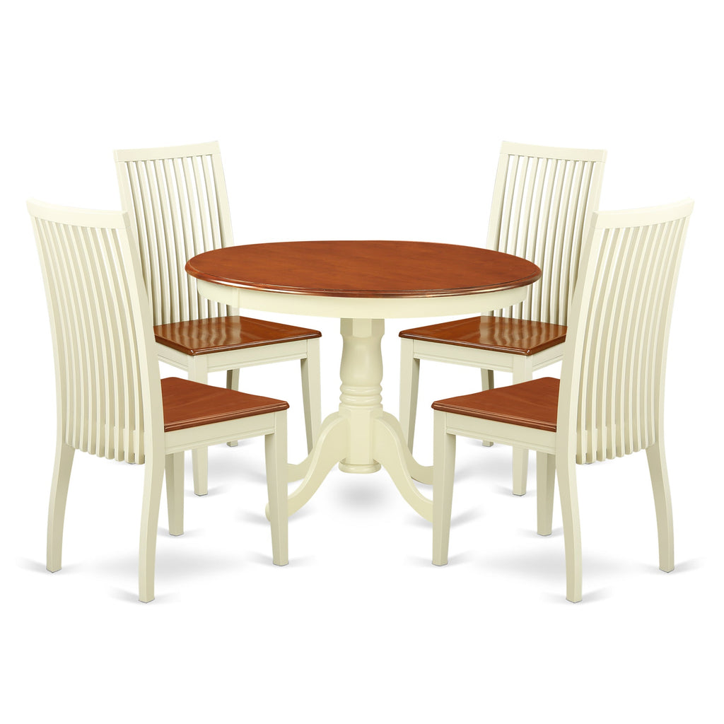East West Furniture HLIP5-BMK-W 5 Piece Dining Room Furniture Set Includes a Round Kitchen Table with Pedestal and 4 Dining Chairs, 42x42 Inch, Buttermilk & Cherry