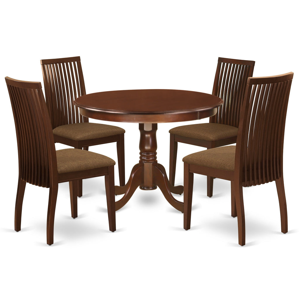 East West Furniture HLIP5-MAH-C 5 Piece Dinette Set for 4 Includes a Round Dining Room Table with Pedestal and 4 Linen Fabric Kitchen Dining Chairs, 42x42 Inch, Mahogany