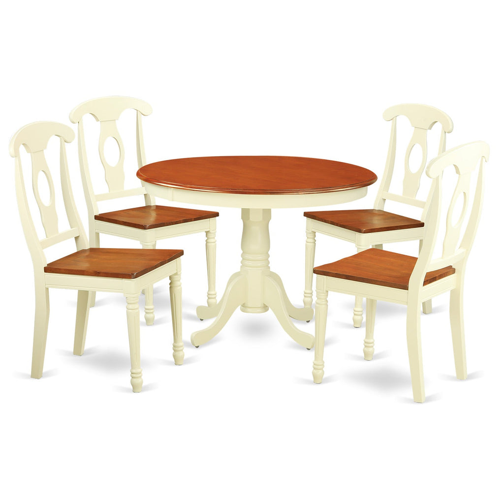 East West Furniture HLKE5-BMK-W 5 Piece Kitchen Table Set for 4 Includes a Round Dining Table with Pedestal and 4 Dining Room Chairs, 42x42 Inch, Buttermilk & Cherry