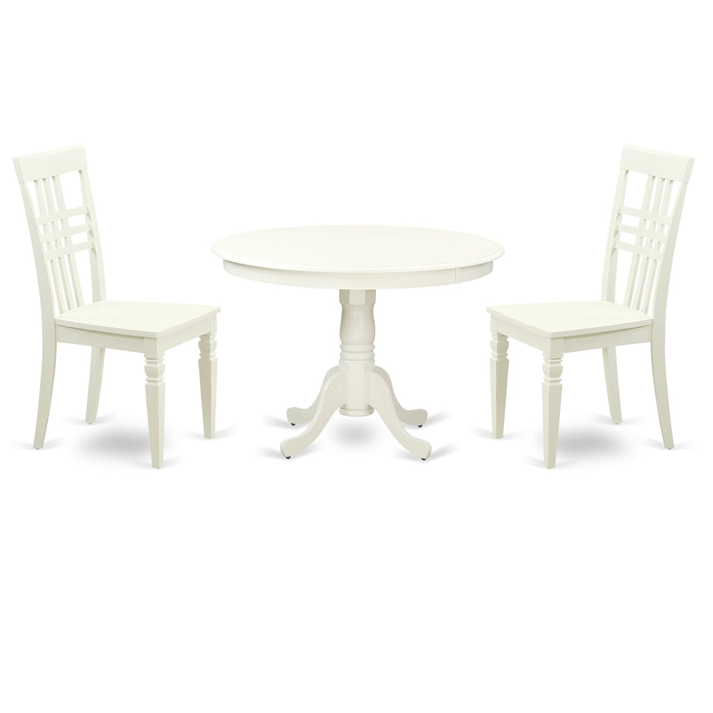 East West Furniture HLLG3-LWH-W 3 Piece Kitchen Table & Chairs Set Contains a Round Dining Room Table with Pedestal and 2 Solid Wood Seat Chairs, 42x42 Inch, Linen White