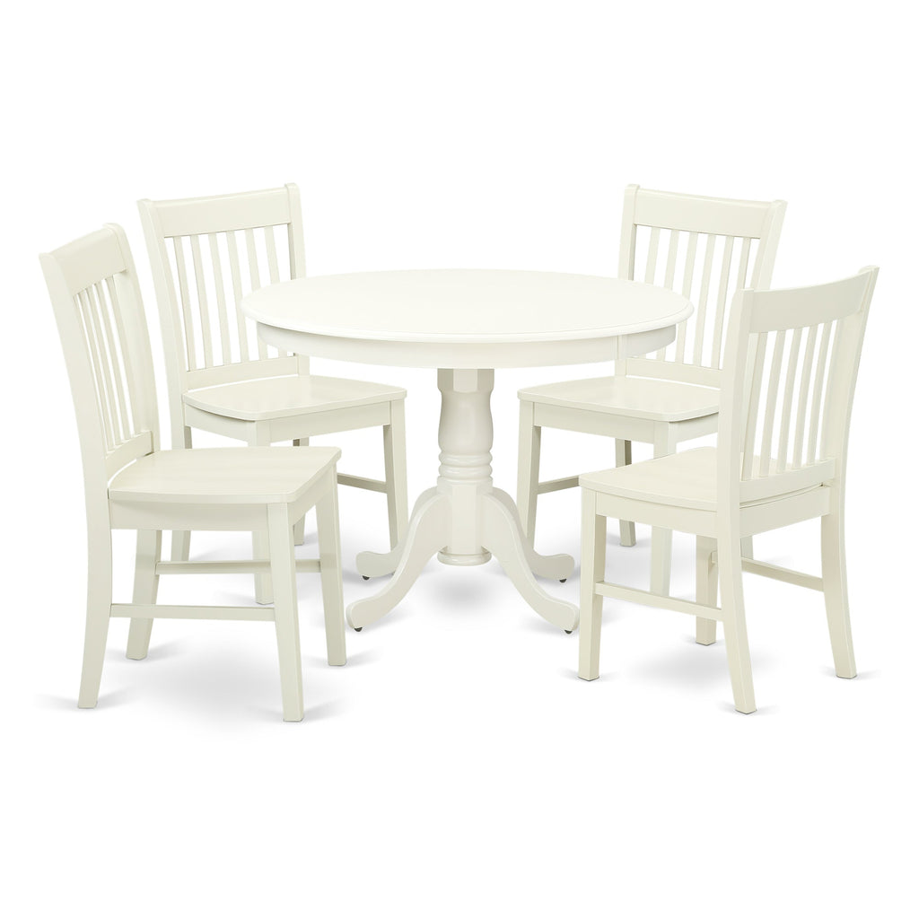 East West Furniture HLNO5-LWH-W 5 Piece Dining Table Set for 4 Includes a Round Kitchen Table with Pedestal and 4 Dinette Chairs, 42x42 Inch, Linen White