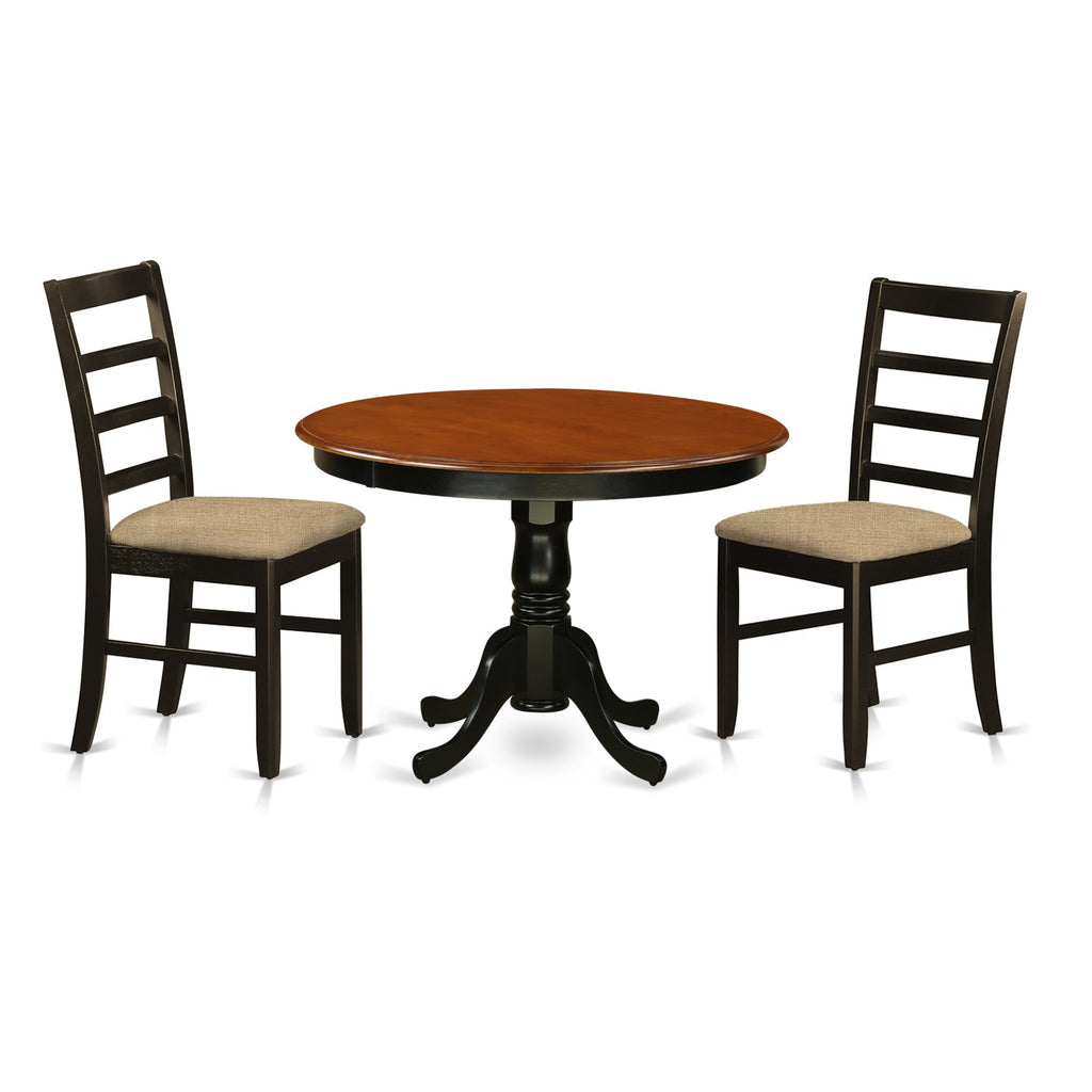East West Furniture HLPF3-BCH-C 3 Piece Modern Dining Table Set Contains a Round Wooden Table with Pedestal and 2 Linen Fabric Kitchen Dining Chairs, 42x42 Inch, Black & Cherry