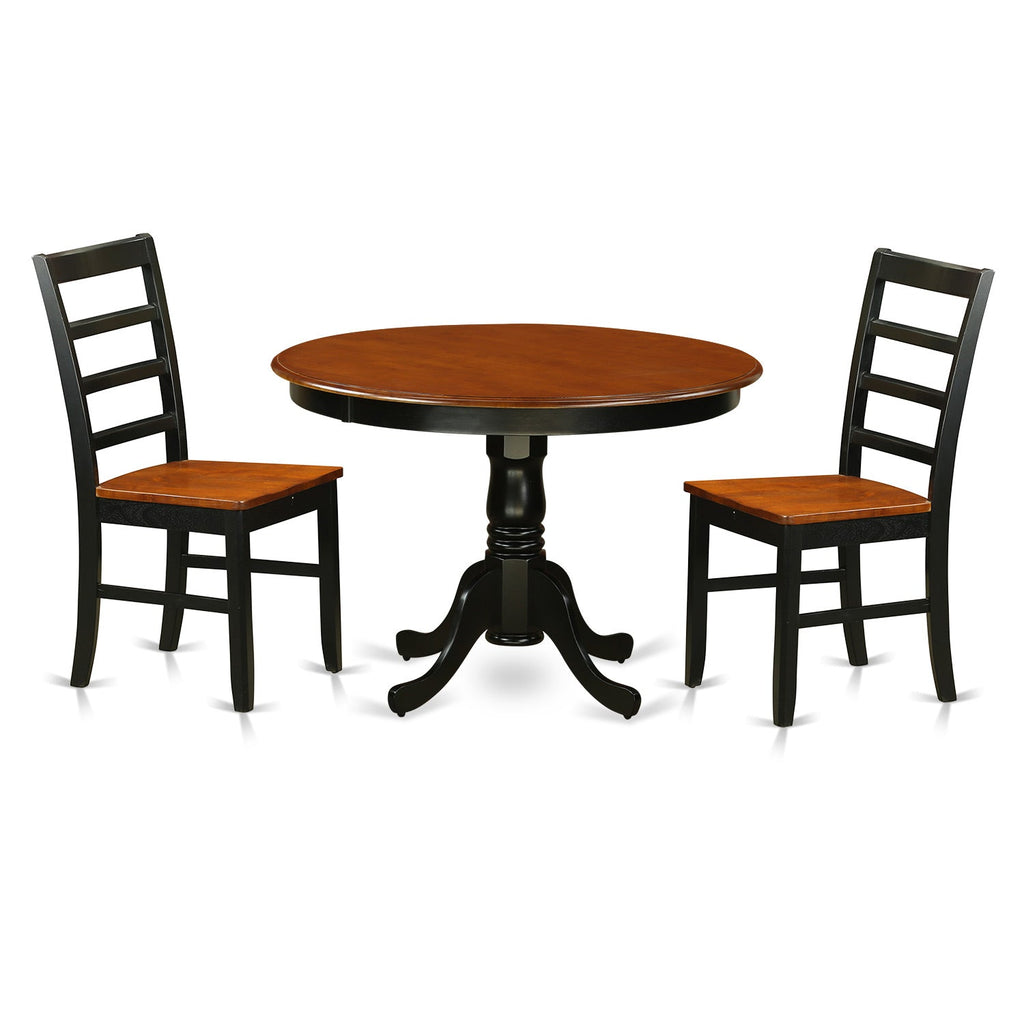 East West Furniture HLPF3-BCH-W 3 Piece Dining Table Set for Small Spaces Contains a Round Dining Room Table with Pedestal and 2 Wood Seat Chairs, 42x42 Inch, Black & Cherry