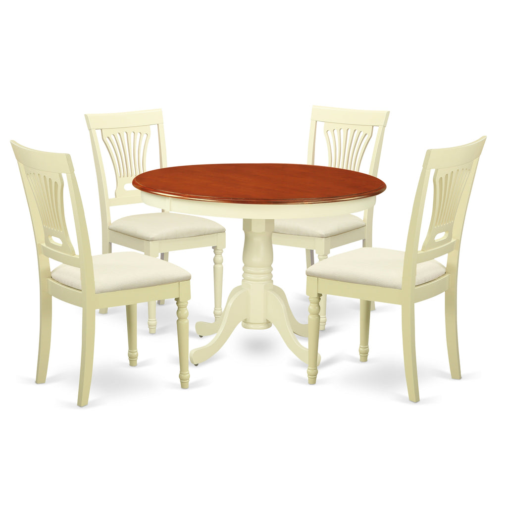 East West Furniture HLPL5-BMK-C 5 Piece Modern Dining Table Set Includes a Round Wooden Table with Pedestal and 4 Linen Fabric Kitchen Dining Chairs, 42x42 Inch, Buttermilk & Cherry