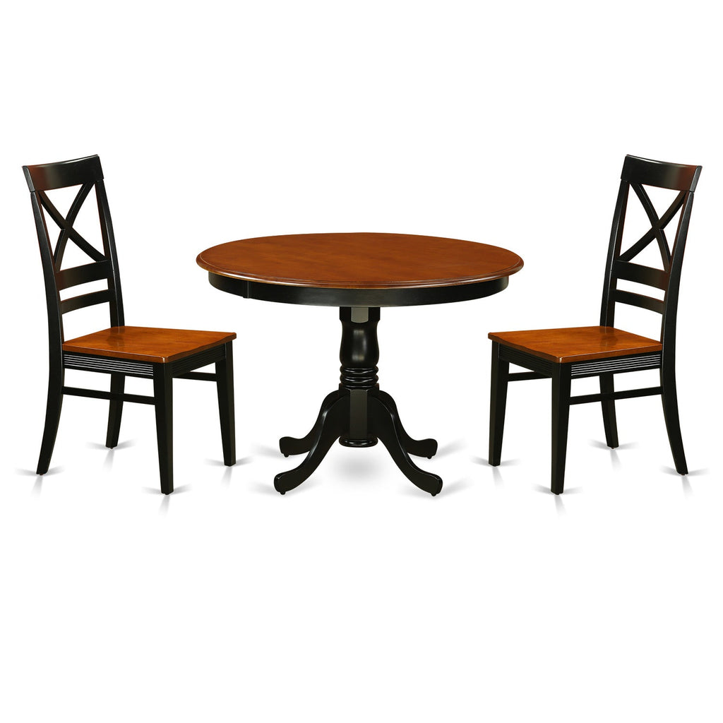 East West Furniture HLQU3-BCH-W 3 Piece Dining Table Set for Small Spaces Contains a Round Dining Room Table with Pedestal and 2 Wooden Seat Chairs, 42x42 Inch, Black & Cherry