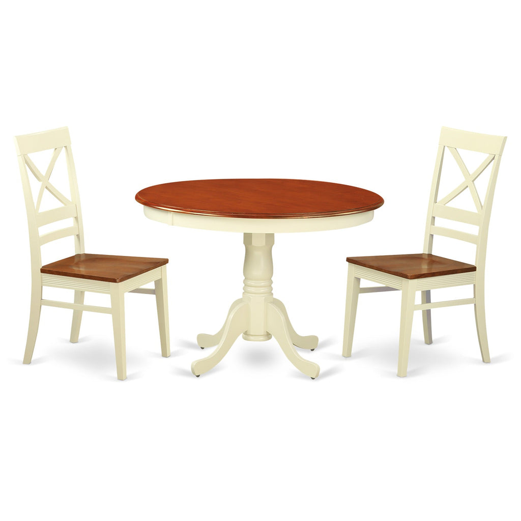 East West Furniture HLQU3-BMK-W 3 Piece Dining Room Table Set Contains a Round Kitchen Table with Pedestal and 2 Dining Chairs, 42x42 Inch, Buttermilk & Cherry