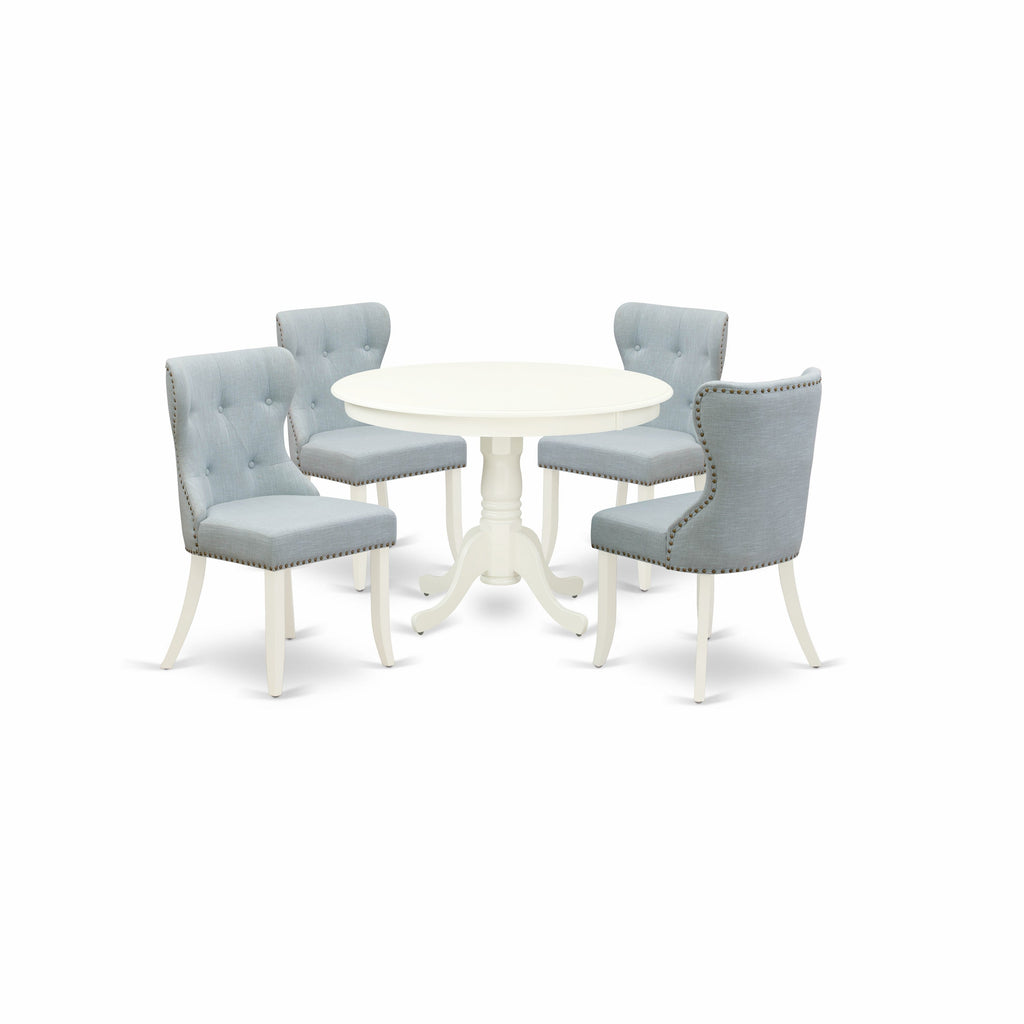 East West Furniture HLSI5-LWH-15 5 Piece Dinette Set Includes a Round Dining Room Table with Pedestal and 4 Baby Blue Linen Fabric Upholstered Parson Chairs, 42x42 Inch, Linen White