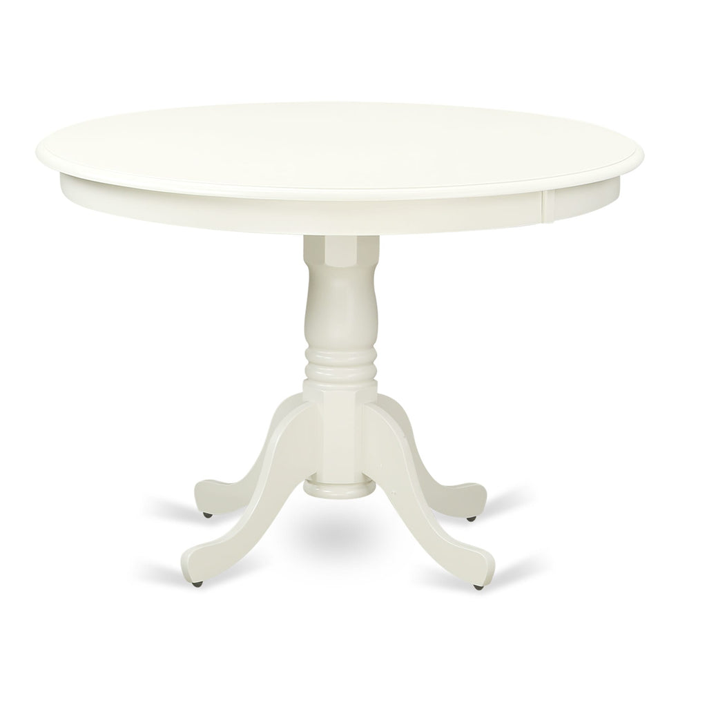 East West Furniture HLDA5-LWH-24 5 Piece Dining Room Table Set Consists of a Round Wooden Table with Pedestal and 4 Upholstered Chairs, 42x42 Inch, linen white
