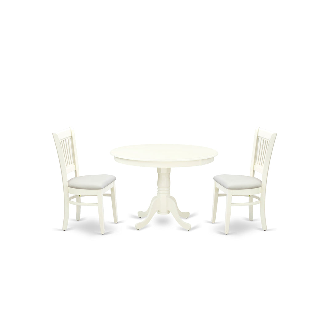 East West Furniture HLVA3-LWH-C 3 Piece Kitchen Table & Chairs Set Contains a Round Dining Table with Pedestal and 2 Linen Fabric Dining Room Chairs, 42x42 Inch, Linen White