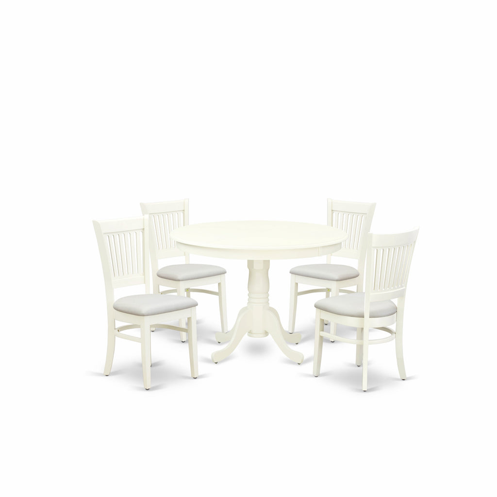 East West Furniture HLVA5-LWH-C 5 Piece Kitchen Table Set for 4 Includes a Round Dining Room Table with Pedestal and 4 Linen Fabric Upholstered Dining Chairs, 42x42 Inch, Linen White