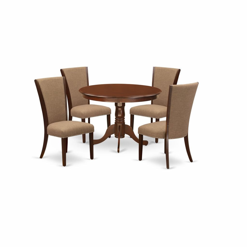 East West Furniture HLVE5-MAH-47 5 Piece Modern Dining Table Set Includes a Round Wooden Table with Pedestal and 4 Light Sable Linen Fabric Parson Dining Chairs, 42x42 Inch, Linen White