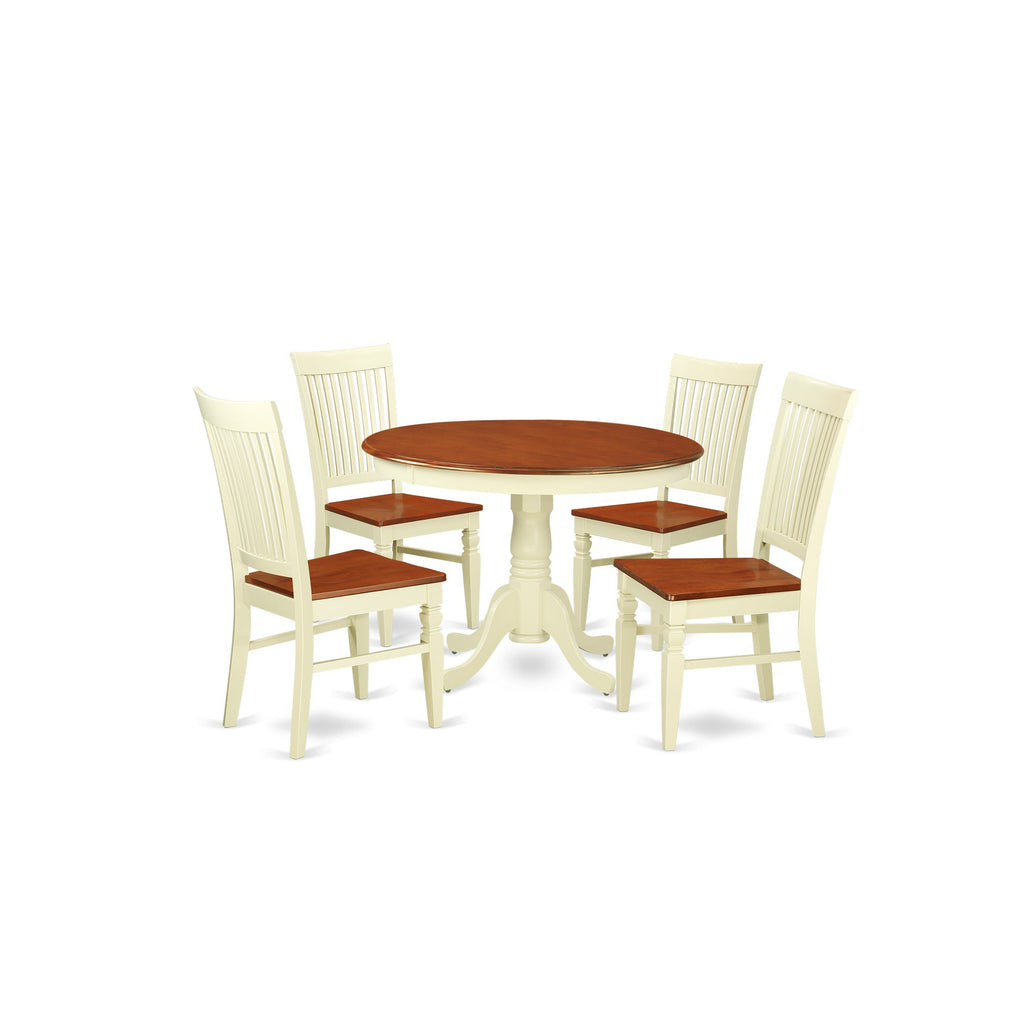 East West Furniture HLWE5-BMK-W 5 Piece Dining Room Table Set Includes a Round Kitchen Table with Pedestal and 4 Dining Chairs, 42x42 Inch, Buttermilk & Cherry