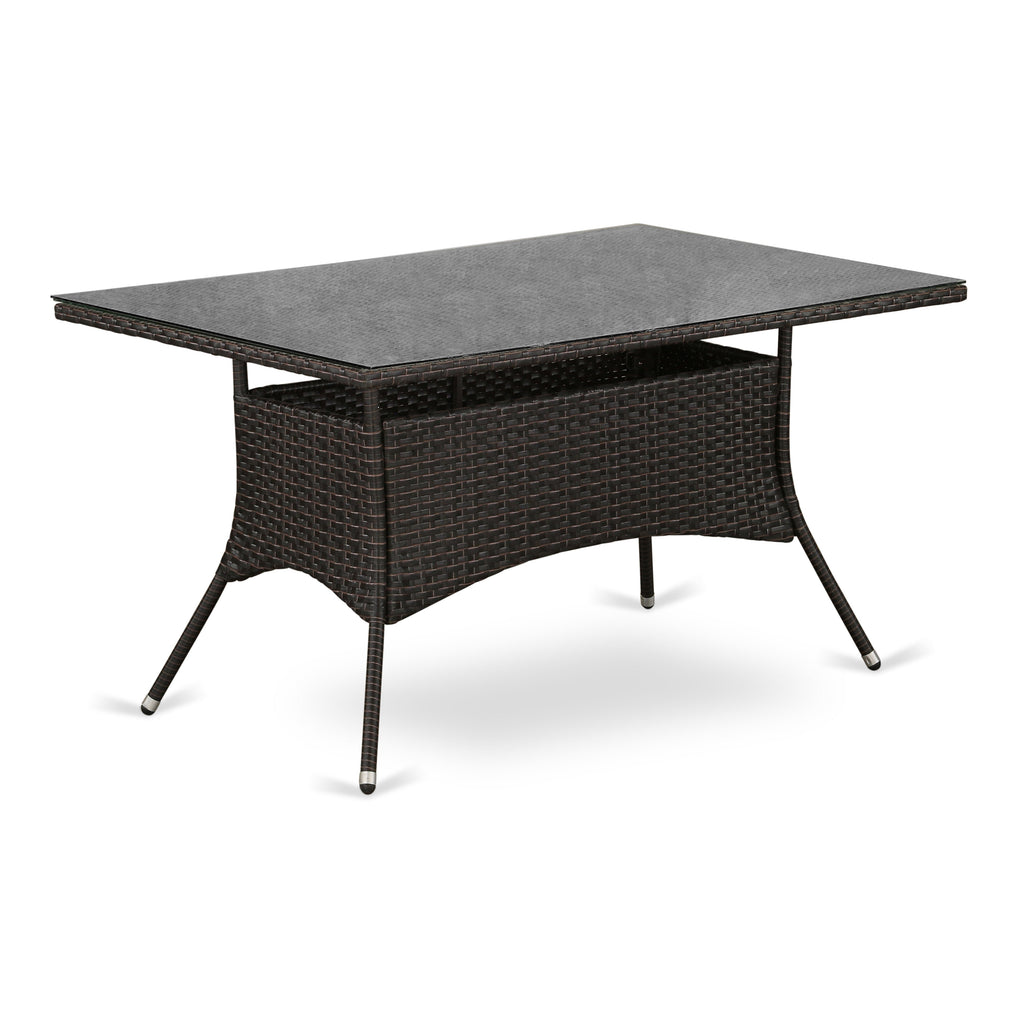 East West Furniture HVLTG63S Valencia Patio Bistro Wicker Dining Table - Rectangle PE Wicker Table with Glass Top, 36x55 Inch, Dark Brown