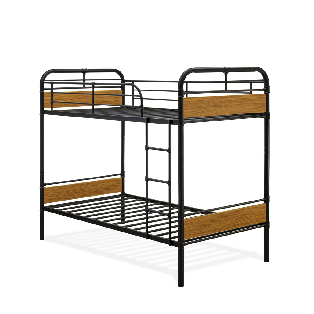 East West Furniture HYT0B01-1 Hedley Bunk Bed Frame with 4 Metal Legs - Magnificent Twin Bed in Powder Coating Black Color and Weather Wood Laminate