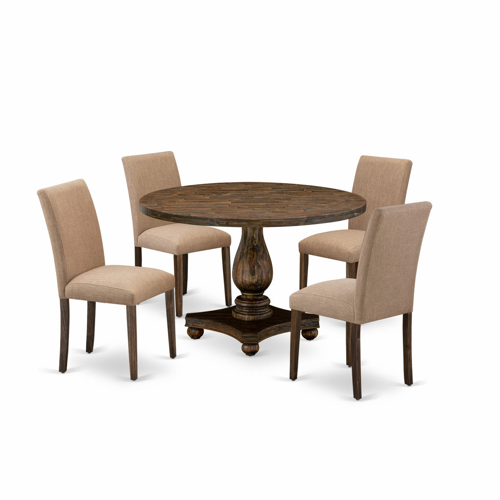 East West Furniture I2AB5-747 5 Piece Dining Table Set for 4 Includes a Round Kitchen Table with Pedestal and 4 Light Sable Linen Fabric Upholstered Chairs, 48x48 Inch, Distressed Jacobean