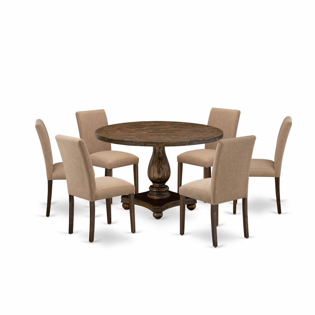 East West Furniture I2AB7-747 7 Piece Dining Set Consist of a Round Dining Room Table with Pedestal and 6 Light Sable Linen Fabric Upholstered Parson Chairs, 48x48 Inch, Distressed Jacobean