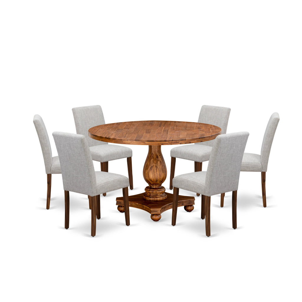 East West Furniture I2AB7-N35 7 Piece Dining Table Set Consist of a Round Dining Room Table with Pedestal and 6 Doeskin Linen Fabric Upholstered Chairs, 48x48 Inch, Antique Walnut