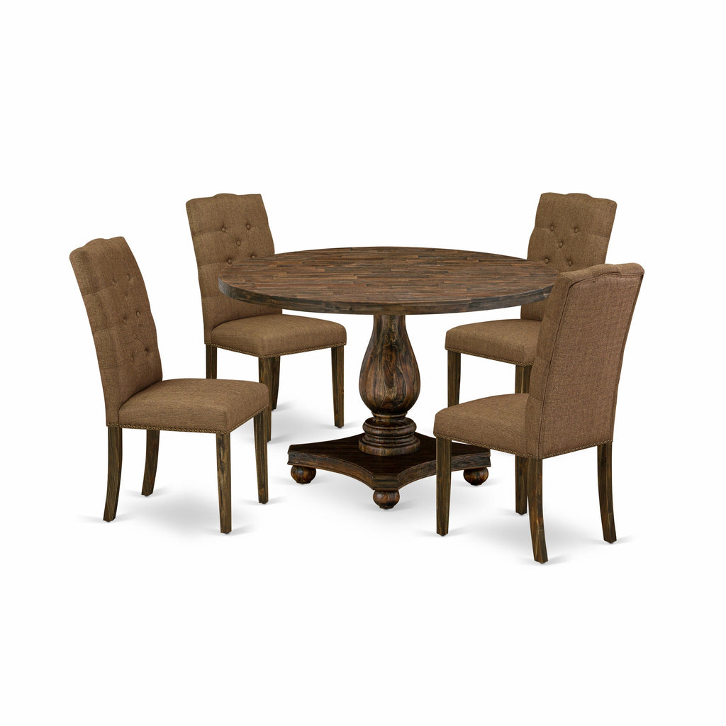 East West Furniture I2EL5-718 5 Piece Dining Room Table Set Includes a Round Dining Table with Pedestal and 4 Brown Linen Linen Fabric Upholstered Chairs, 48x48 Inch, Distressed Jacobean