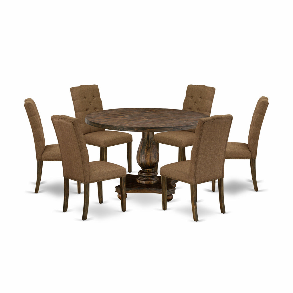 East West Furniture I2EL7-718 7 Piece Kitchen Table Set Consist of a Round Dining Table with Pedestal and 6 Brown Linen Linen Fabric Parson Chairs, 48x48 Inch, Distressed Jacobean