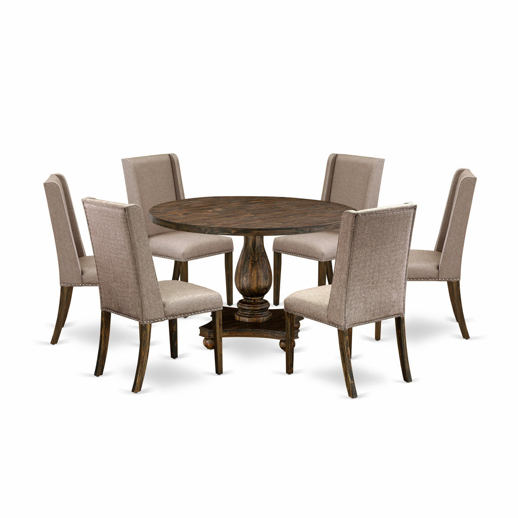 East West Furniture I2FL7-716 7 Piece Dining Set Consist of a Round Dining Room Table with Pedestal and 6 Dark Khaki Linen Fabric Upholstered Parson Chairs, 48x48 Inch, Distressed Jacobean